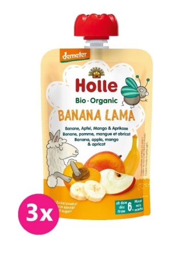 3x HOLLE Banana lama Bio ovocné pyré banán, jablko, mango, meruňka, 100 g (6 m+)