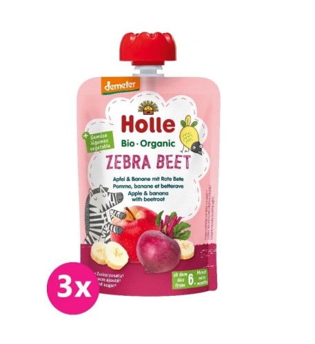 3x HOLLE Zebra Beet Bio ovocné pyré jablko, banán a červená řepa, 100 g (6 m+)