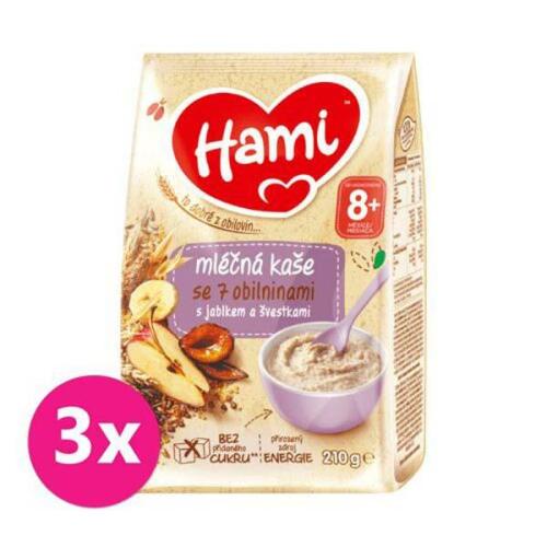 3x HAMI Kaše mléčná se 7 obilninami s jablkem a švestkami 210 g, 8+
