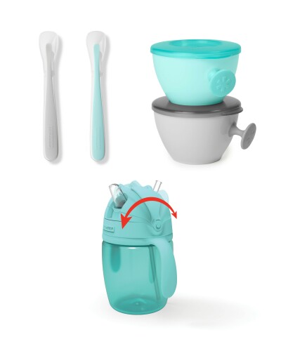 SKIP HOP Set jídelní s hrnkem 5 ks Easy-Feed Mealtime Set Teal / Grey 6m +