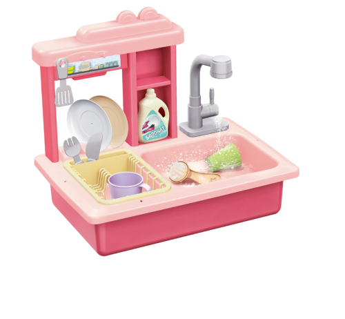 TEDDIES Dřez na mytí nádobí růžový + kohoutek na vodu na baterie s doplňky