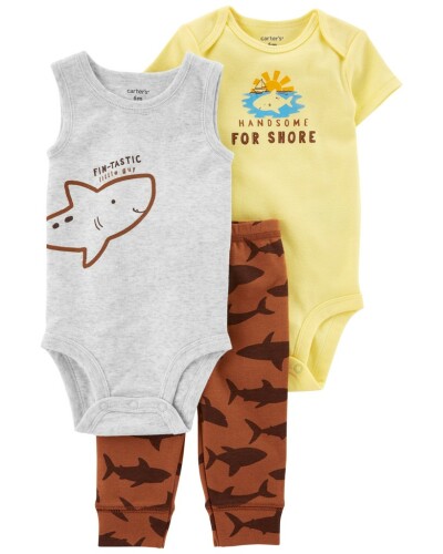 CARTER'S Set 3dílný tepláky, body kr. rukáv, body bez rukávů Brown Shark kluk 24m