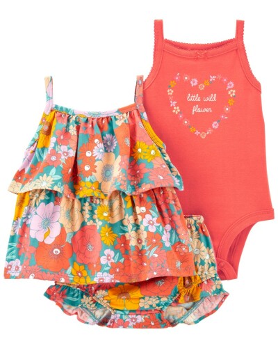 CARTER'S Set 3dílný triko na ramínka, body na ramínka, kraťasy Orange Flowers holka 6m