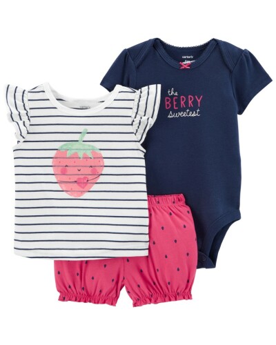 CARTER'S Set 3dílný body kr. rukáv, triko kr. rukáv, kraťasy Strawberry Stripes holka 9m