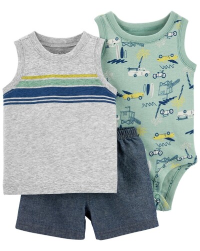 CARTER'S Set 3dílný body bez rukávů, tílko, kraťasy Grey Cars kluk NB