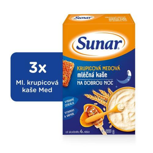 3x SUNAR Krupicová kašička s medem na dobrou noc (225 g) - mléčná kaše