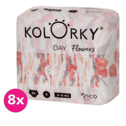 KOLORKY DAY Pleny jednorázové eko, květiny S (3-6 kg) 200 ks - MĚSÍČNÍ ZÁSOBA