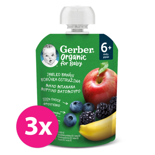 3x GERBER Organic Kapsička jablko, banán, borůvka a ostružina 90 g​