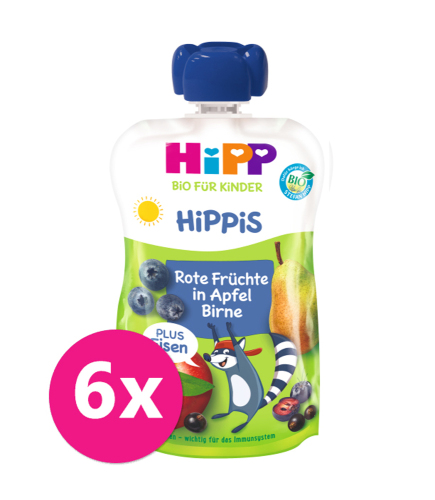 6x HIPP BIO HiPPiS Jablko-Hruška-Červené ovoce + železo od uk. 1. roku, 100 g