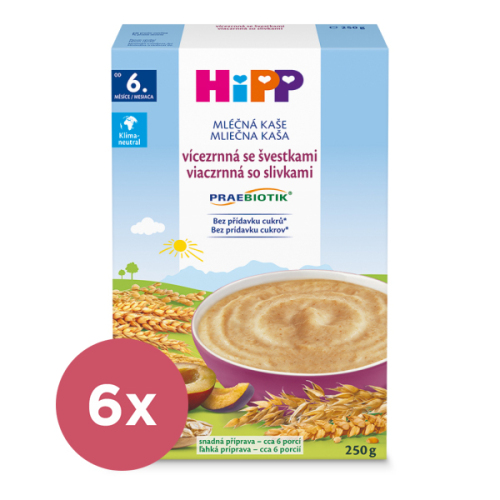 6x HiPP PRAEBIOTIK® Kaše mléčná vícezrnná se švestkami 250 g, 6m+