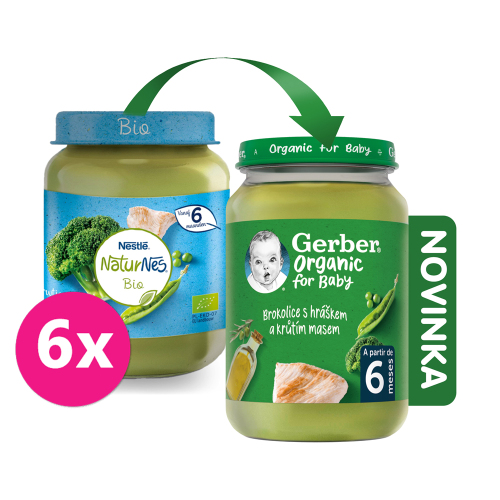 6x GERBER Organic dětský příkrm brokolice s hráškem a krutím masem 190 g​