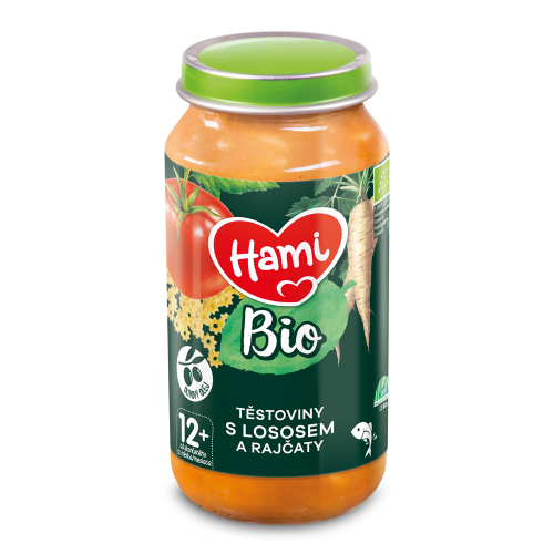 HAMI BIO Příkrm masozeleninový Těstoviny s lososem a rajčaty 250g