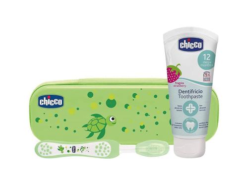 CHICCO Set zubní kartáček a pasta s fluorem v pouzdře Always Smiling zelená 12m+