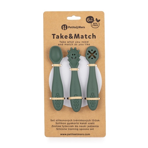 PETITE&MARS Set 3 ks silikonových tréninkových lžiček Take&Match  Misty Green 6m+