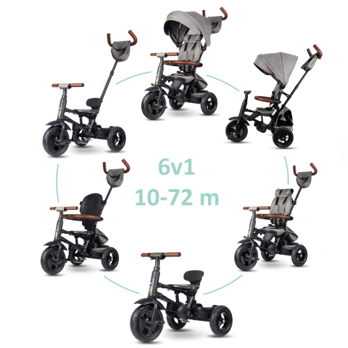 QPLAY Tříkolka Rito Deluxe Grey, 6 v 1, věk 10-72 měsíců