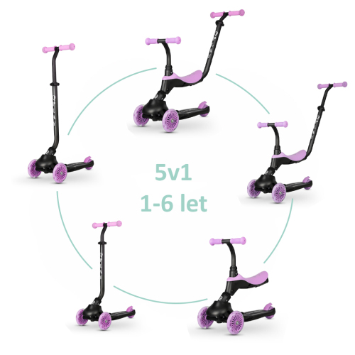 QPLAY Koloběžka / odrážedlo Sema Evo s LED světly Violet, věk 1 - 6 let, do 50 kg