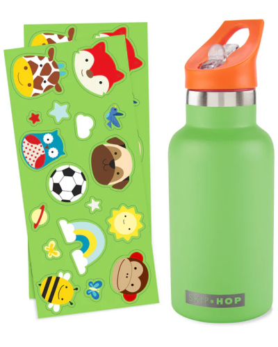 SKIP HOP Láhev se slámkou nerezová s nálepkami canteen zelená 380 ml, 4r+