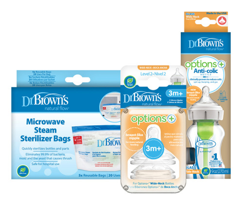 DR.BROWN’S Láhev kojenecká sklo 270ml +Savičky na láhev level-2 2ks +Sáčky na sterilizaci lahví 5ks