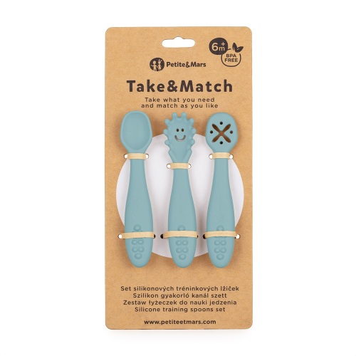 PETITE&MARS Set 3 ks silikonových tréninkových lžiček Take&Match Frosted Sky 6m+
