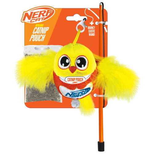 NERF CAT Hračka pro kočky plyšový ptáček s rolničkou a hůlkou 9 cm