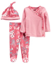 CARTER'S Set 3dílný polodupačky, tričko dl. rukáv zavinovací, čepice Pink Flower dívka LBB NB, vel.