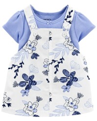 CARTER'S Set 2dílný body kr. rukáv, šaty na kšandy Blue Floral dívka 3m