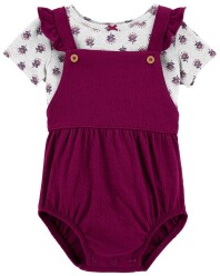 CARTER'S Set 2dílný triko kr. rukáv, kalhotky na kšandy Purple Flowers holka 3m