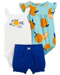 CARTER'S Set 3dílný body na ramínka, body kr. rukáv, kraťasy Blue Orange holka 24m