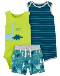 CARTER'S Set 3dílný overal letní kr. rukáv, body bez rukávů, kraťasy Stripes Dinos kluk 18m