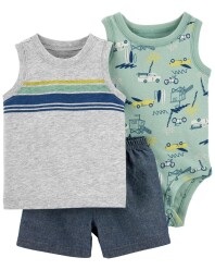 CARTER'S Set 3dílný body bez rukávů, tílko, kraťasy Grey Cars kluk 12m