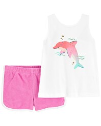 CARTER'S Set 2dílný triko na ramínka, kraťasy Pink Dolphin holka 18m