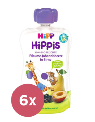 6x HIPP HiPPiS BIO 100% ovoce Hruška-Černý rybíz-Švestka 100 g - ovocný příkrm
